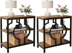 End Table Set of 2, Narrow Side Table with 3-Tier Storage Shelves, Wood Sofa Side Table with Geometric Metal Frame for Living Room, Industrial Bedside Nightstand for Bedroom (Brown)