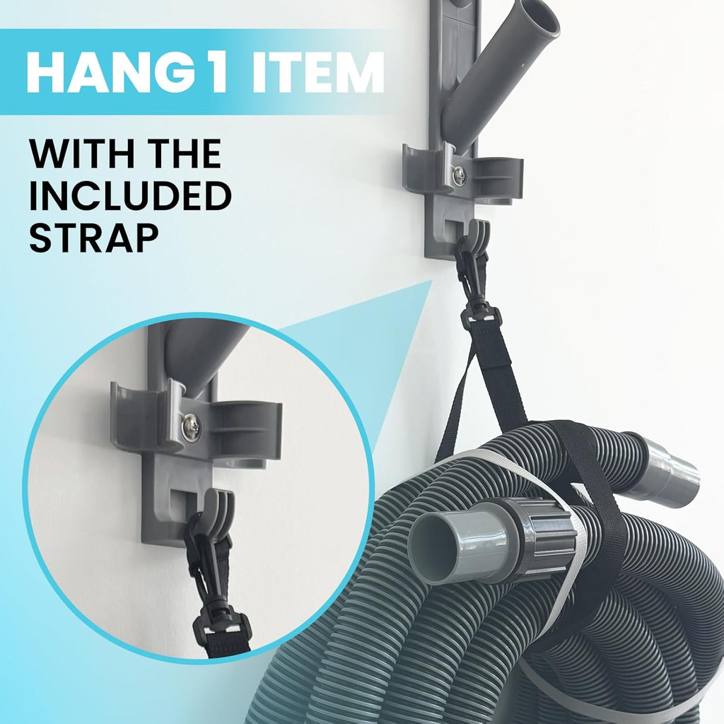 Sepetrel Pool Pole Hanger, Hooks for Poles | Wall & Fence Mounted Equipment Storage Rack with Hooks & Strap, Hose Holder for Pool Cleaning Accessories