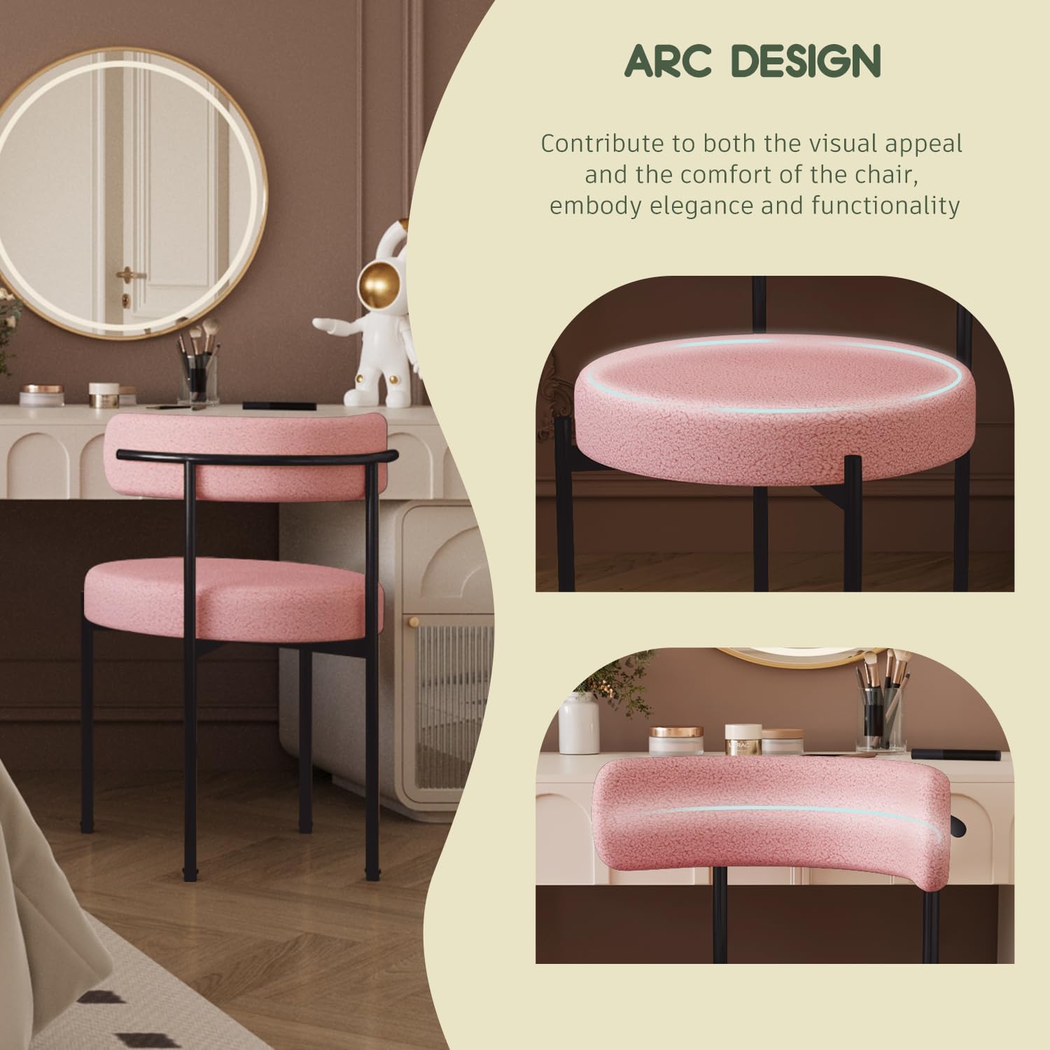 Boucle Dining Chairs Set of 2 Teddy Upholstered Dining Room Chairs Kitchen Chairs with Metal Legs Mid Century Modern Chair for Dining Room, Kitchen(Black Frame+Pink, 2)