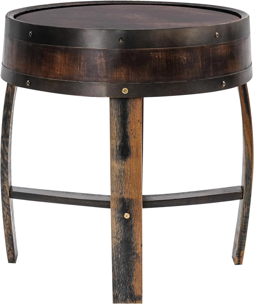 Whiskey Barrel Table 24 Inch Tall Wine Barrel End Table Rustic Round Wooden Bourbon Coffee Oak Side Table Handcrafted Whiskey Barrel Accent Table for Living Room, Bedroom, Office, Brown