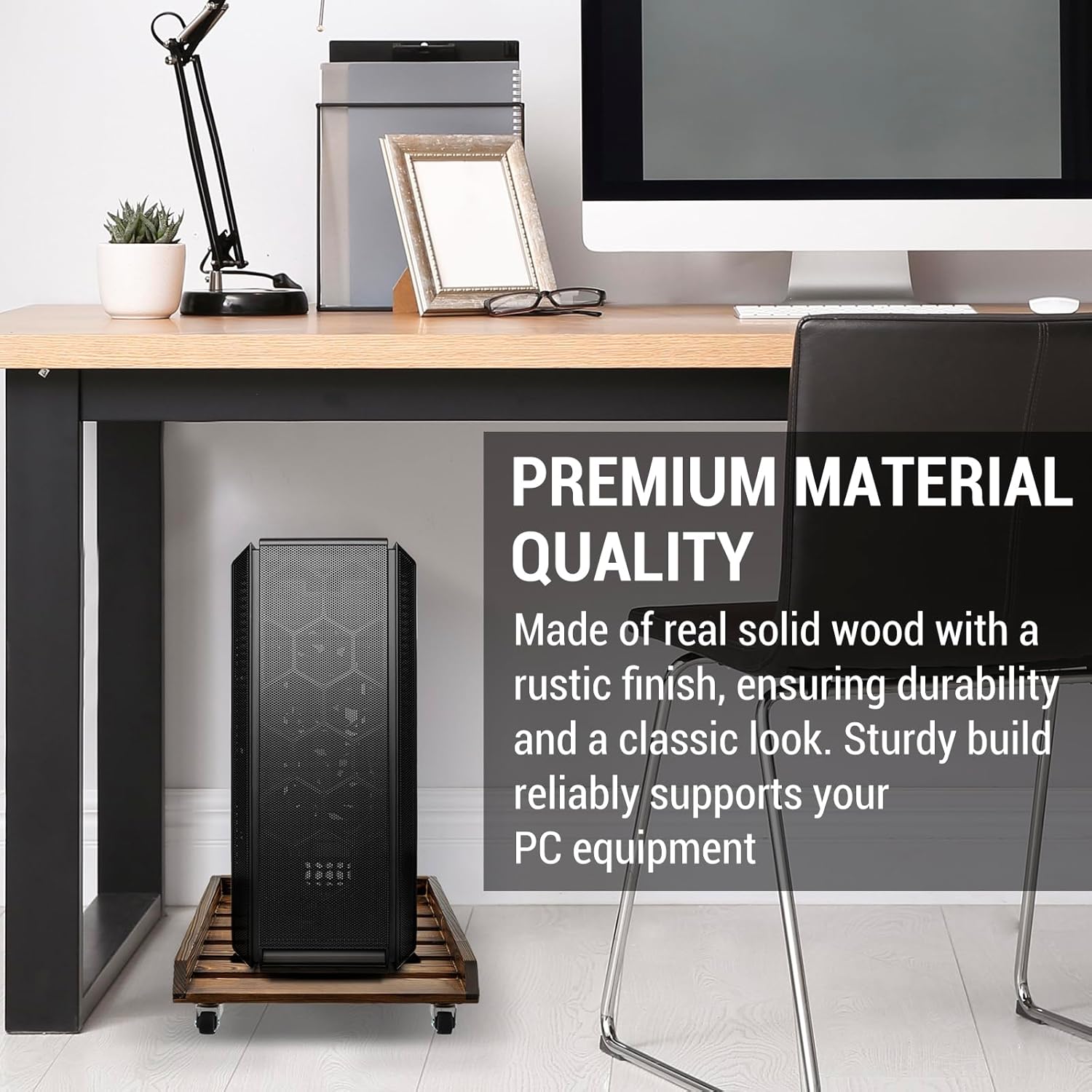 MyGift Rustic Solid Wood CPU Tower Stand – Deluxe PC Holder with Rolling Lockable Caster Wheels, Computer Case Floor Stand
