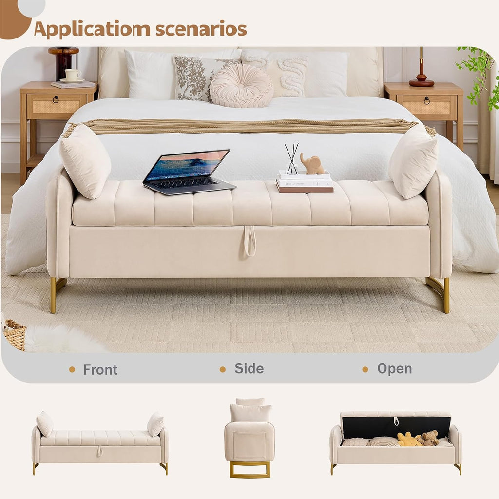 66" Storage Bench for Bedroom End of Bed, King Size Bed Bench with Golden Legs,Storage Ottoman Bench with Arms and 2 Pillows for Foot of Bed Living Room Window Entryway, Beige