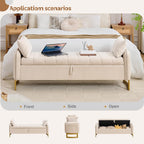 66" Storage Bench for Bedroom End of Bed, King Size Bed Bench with Golden Legs,Storage Ottoman Bench with Arms and 2 Pillows for Foot of Bed Living Room Window Entryway, Beige