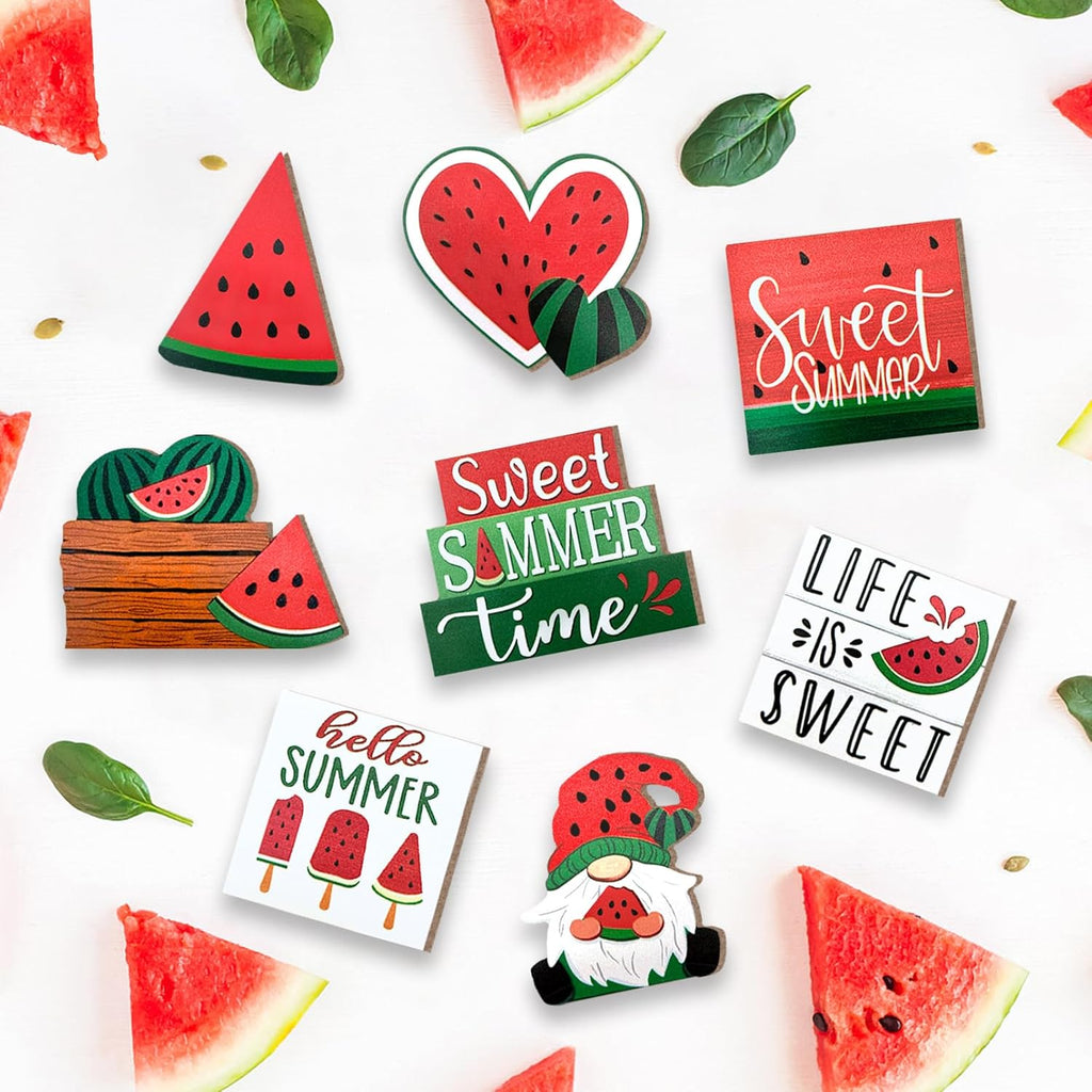 Summer Tiered Tray Decor, Farmhouse Watermelon Tray Decorations, Hello Summer Sweet Watermelon Gnome Wooden Signs, Rustic Summer Home Decor for Table Mantel Office Holiday Party