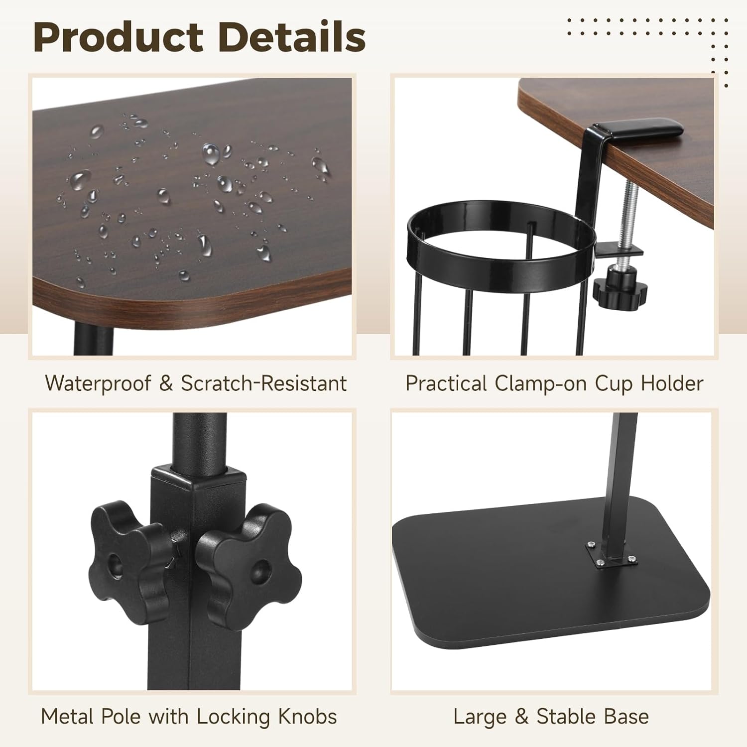 Rotating C Shaped Side Table with Cup Holder, Adjustable Height Sofa Side Table, 360 Swivel Tray Table, Slide Under Couch End Table for Bedside, Laptop, Small Space