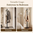 Solid Wood Freestanding Coat Rack with 6 Gold Metal Hooks, Heavy-Duty Freestanding Coat Stand for Coats, Hats, and Bags, Coat Racks for Bedroom, Entryway, and Living Room (Black)