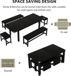 iPormis Extendable Dining Table Set for 4 6 8, Black Kitchen Table with 2 Benches and 2 Square Stools, Classic Dining Room Table with Stable Metal Base, Space Saving