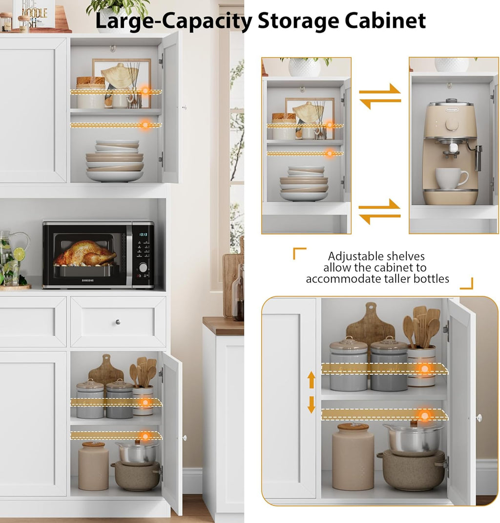BOTLOG 72" Kitchen Pantry Cabinet, Kitchen Hutch with Microwave Stand, Buffet Cabinet with Hutch for Dining Room, White