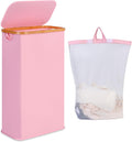 iEGrow 65L Slim Laundry Hamper, Narrow Laundry Basket with Lid,Foldable Clothes Hamper with Bamboo Handles,Hamper Basket with Removable Inner Bag for Laundry Room Bedroom College Dorm,17.17 Gals Pink