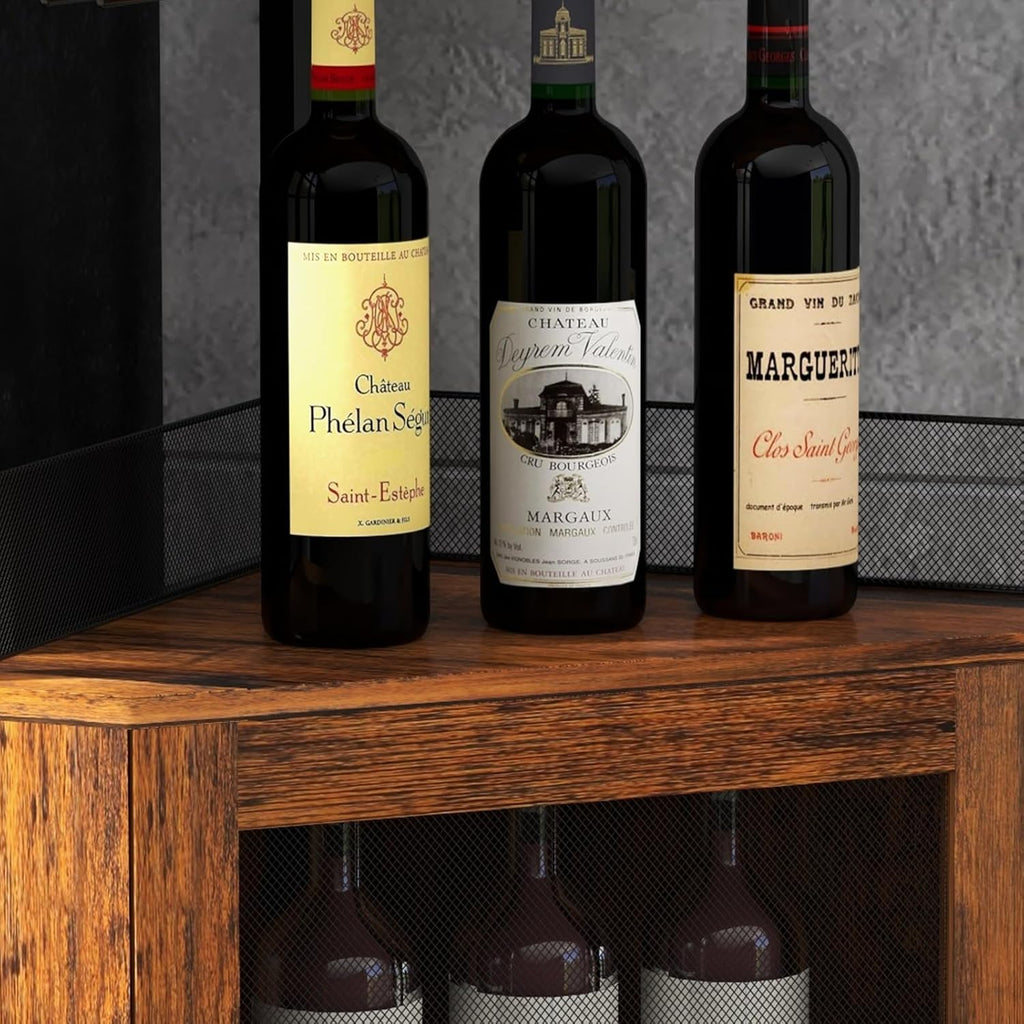 Corner Bar Cabinet, 61" Tall Farmhouse Wine Cabinet with Led Light & Detachable Wine Rack, 5-Tier Industrial Wine Cabinet with Glass Holder & Adjustable Shelves & Feet for Dining, Living Room, Kitchen