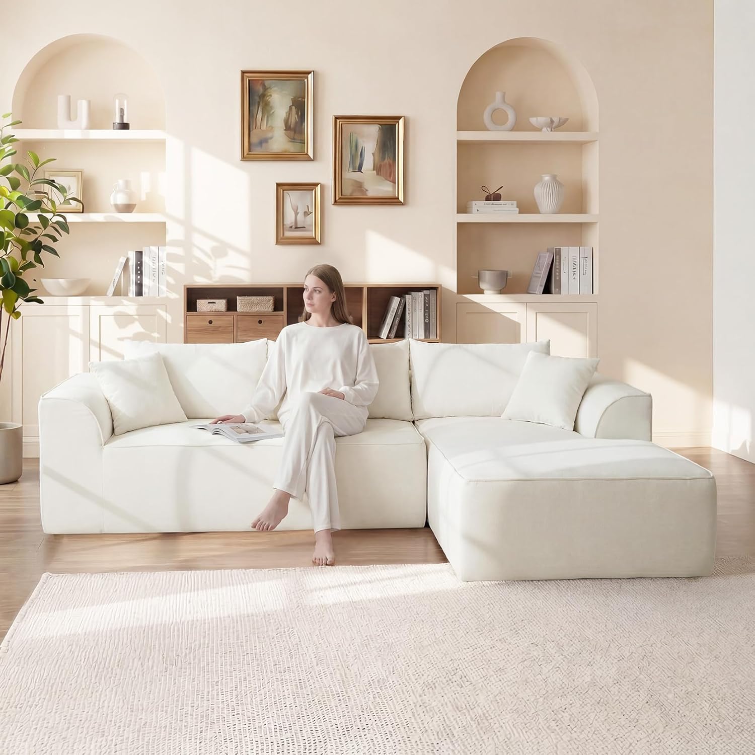 Vesgantti 106" Cloud Sectional Couch with Chaise, Deep Seat Modular Sectional Sofa Chenille Memory Foam Sofa Boneless Couches for Living Room Bedroom, No Assembly Required (Beige, Right-Facing Chaise)