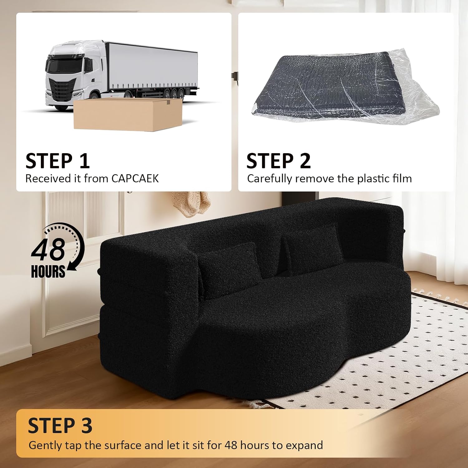 CAPCAEK Folding Sofa Bed,15" Full Size Boneless Couch for Living Room, Teddy Fabric Foam-Filled, Convertible Loveseat Sleeper Sofa Bed (Black-Teddy)