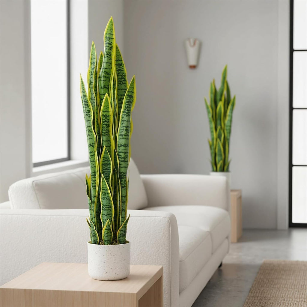 3FT Tall Artificial Trees, Fake Snake Plant with White Planter & 33 Realistic Leaves, Large Potted Artificial Sansevieria Mother in Law Tongue Plant, for Living Room Hallway Entryway