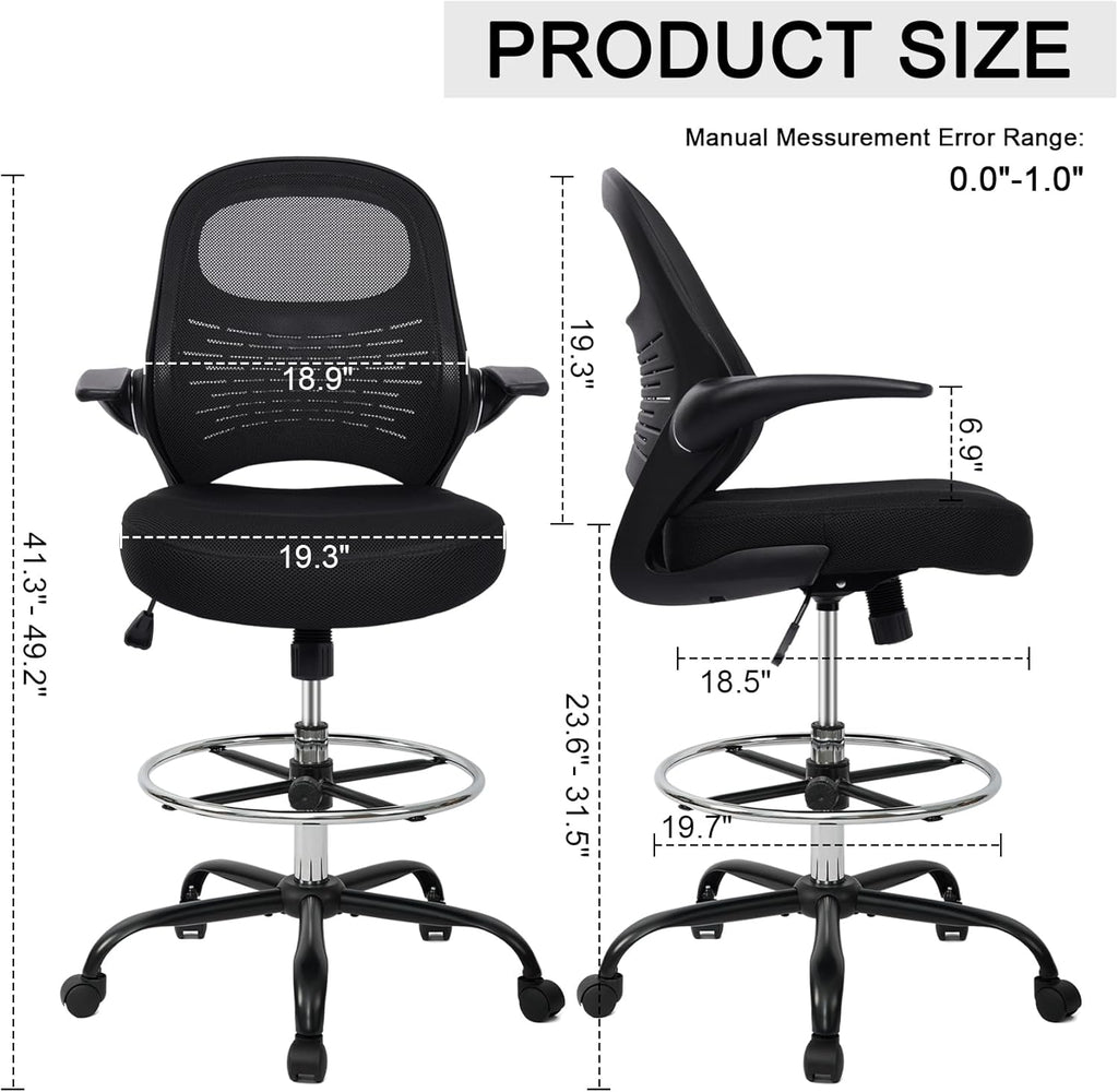 HYLONE Drafting Chair Tall Office Chair with Flip-Up Armrests Ergonomic Computer Chair with Lumbar Support Adjustable Footrest Ring Mesh Standing Desk Chair (Black)