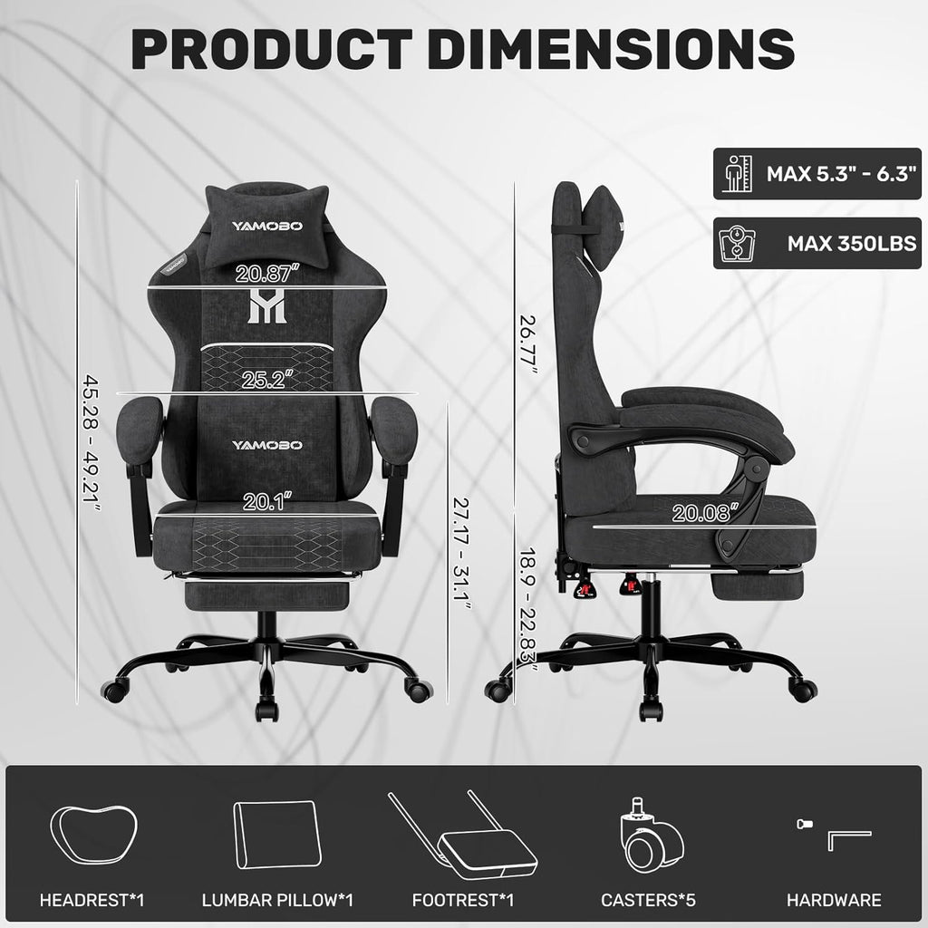Gaming Chair with Footrest, Ergonomic Video Game Chair with Adjustable Lumbar and Headrest Massage Support, High Back Recliner Comfortable for Office, Game and Study, Black