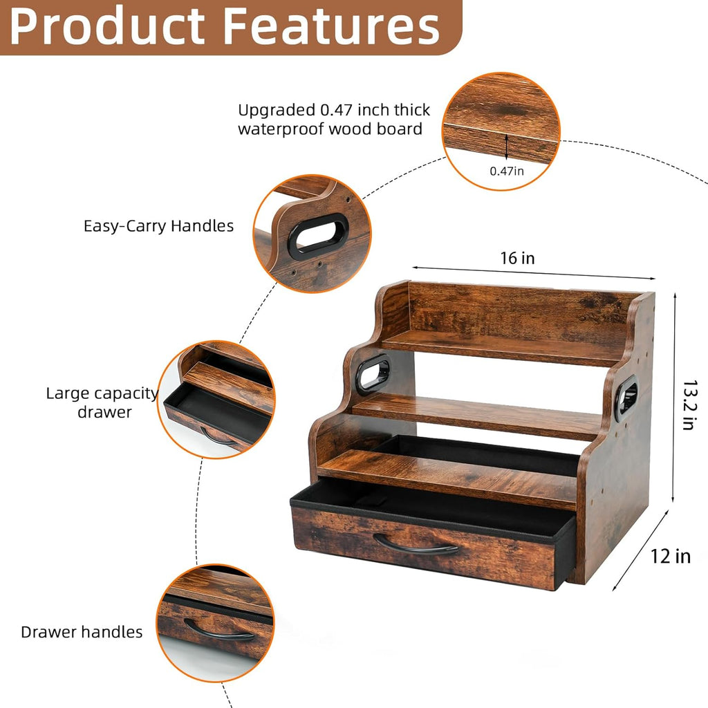 Liquor Bottle Display Shelf 3 Floors with Drawers | Countertop Wine Rack, Accommodates 12 Bottles and 36 K Cups, Minibar Coffee Syrup Storage Box, Whiskey