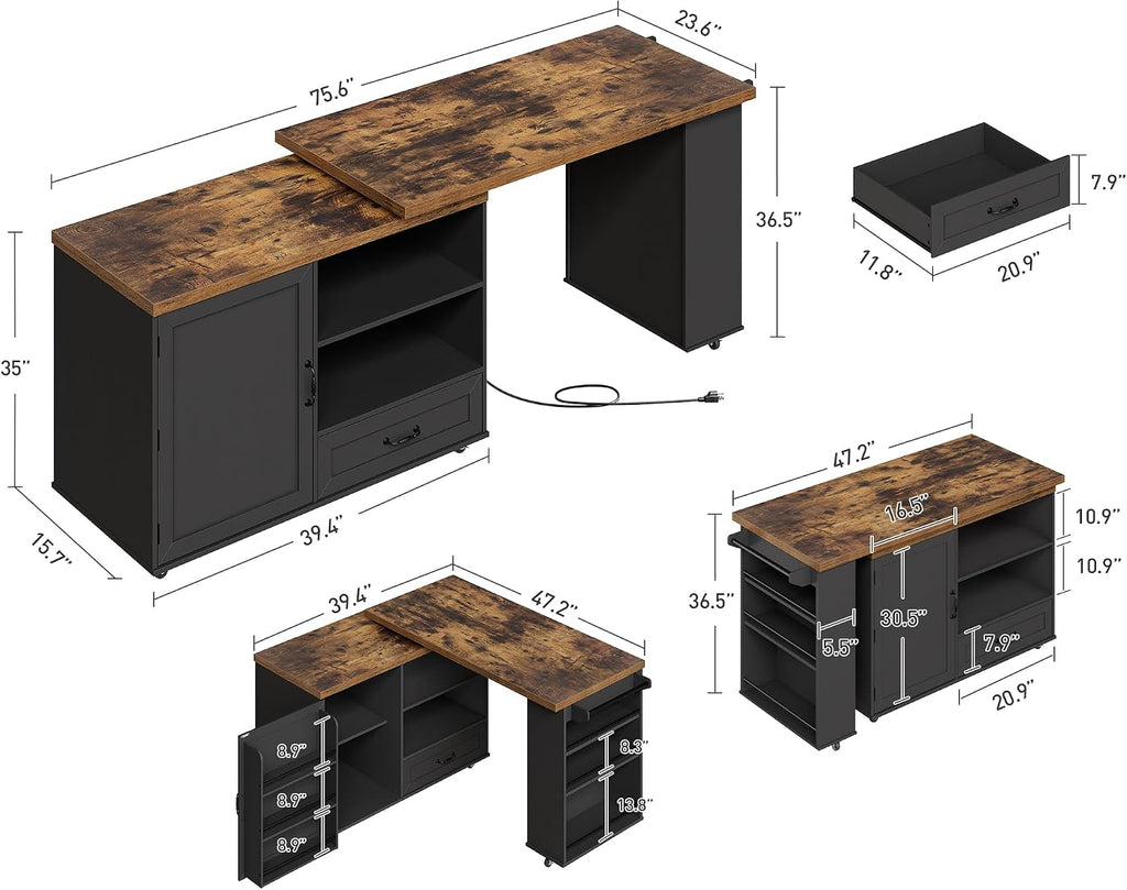 RALGEND Rolling Kitchen Island with 360° Swivel Tabletop, Large Kitchen Island Table with Power Outlet, Mobile Kitchen Island Cart with Storage Cabinets for Kitchen & Office, Black and Rustic Brown