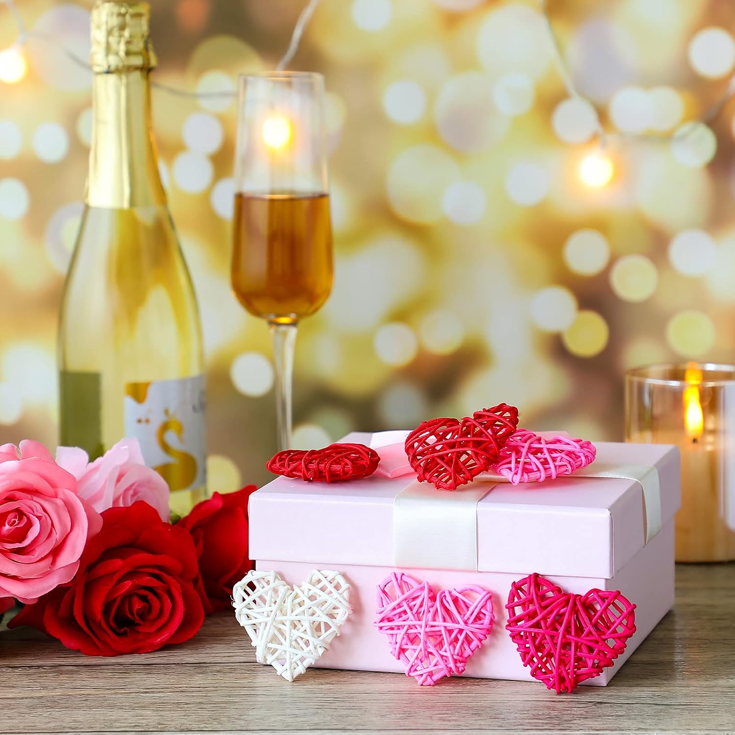 24 Pieces Valentine Heart Shaped Rattan Balls 2.36 Inch Heart Vase Bowl Fillers DIY Craft Wicker Rattan Decor for Valentine Wedding Party Decor (Pink,White,Red,Rose Red)