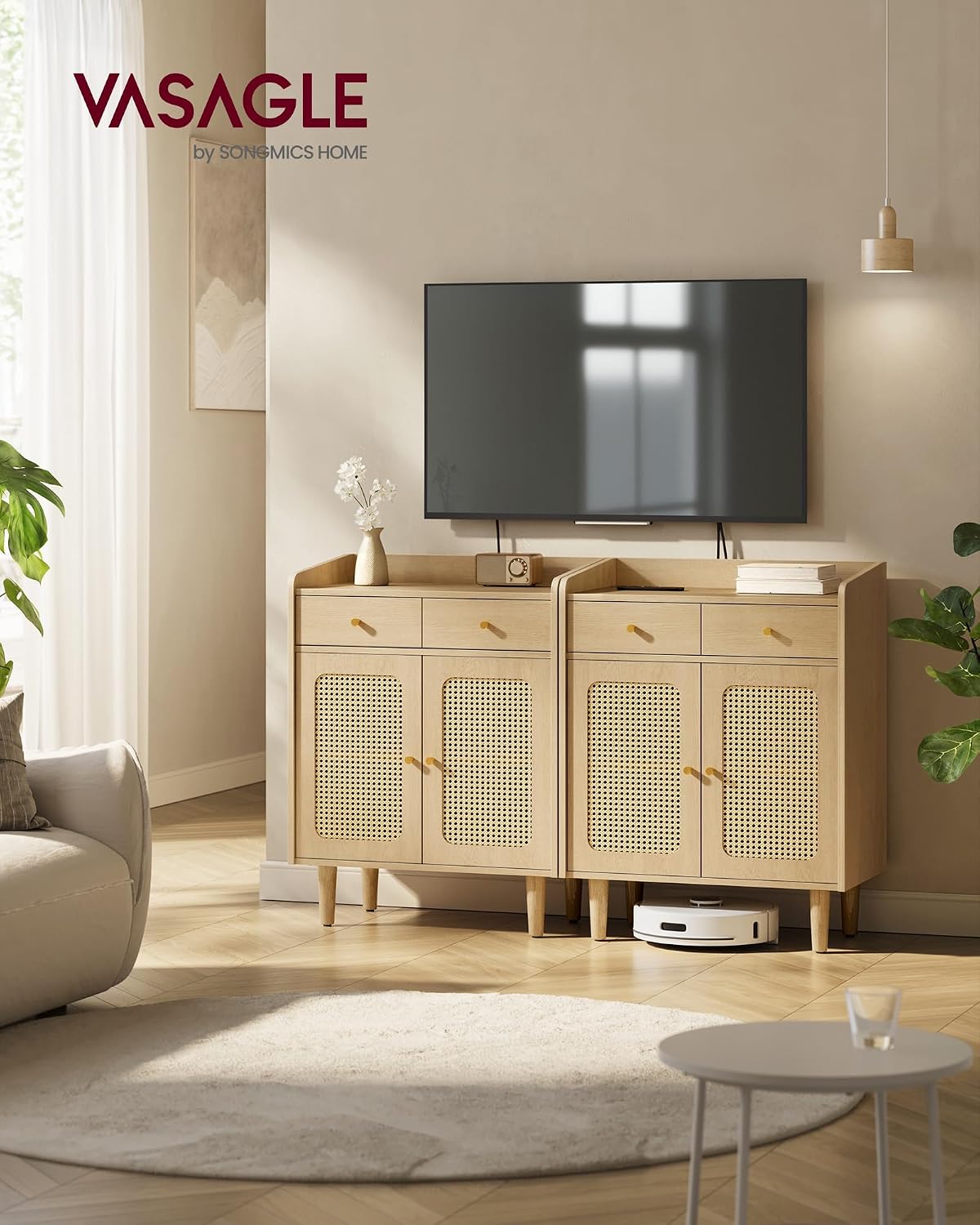 VASAGLE BOHOVEN Collection - Buffet Cabinet, Sideboard Storage Cabinet with Rattan-Like Doors and Drawers, Accent Cabinet, Adjustable Shelf, Boho Style, for Living Room, Oak Beige