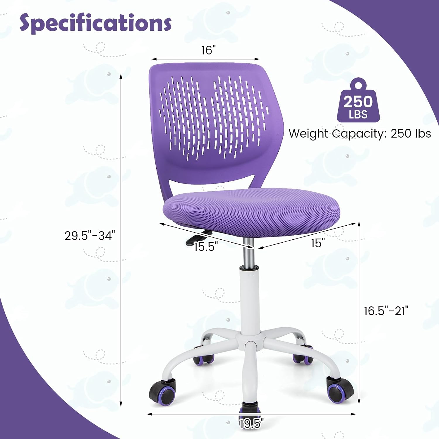 MEDIMALL Kids Desk Chair, Purple Ergonomic Kids Office Chair Ages8-12 w/Lumbar Support, Low-Back Teen Desk Chair for Girls Boys, Small Cute Kids Computer Chair for Bedroom/Study/Vanity Desk