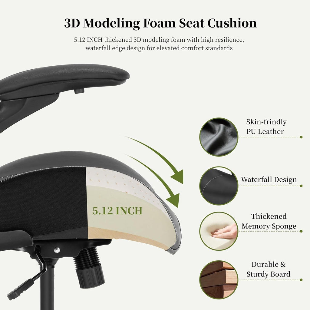 Drafting Chair, Tall Office Chair with PU Leather Seat, Standing Desk Chair Counter Height Office Chairs with 21.65'' Footrest Ring and Adjustable Lumbar Support Armrests Black
