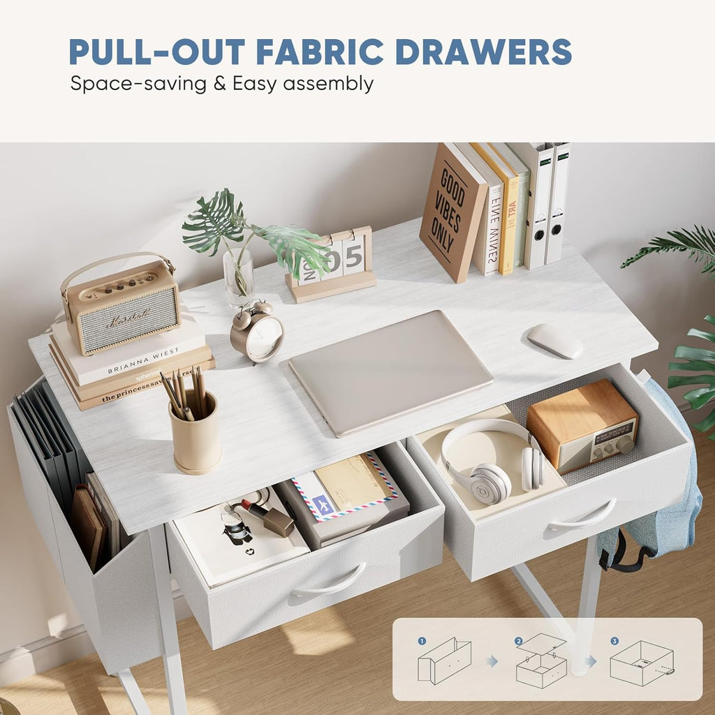 32" Small Gaming Desk with Drawers, Home Office Computer Writing Study Table with Storage Side Bag, Headphone Hook, and Adjustable Feet for Bedroom, White