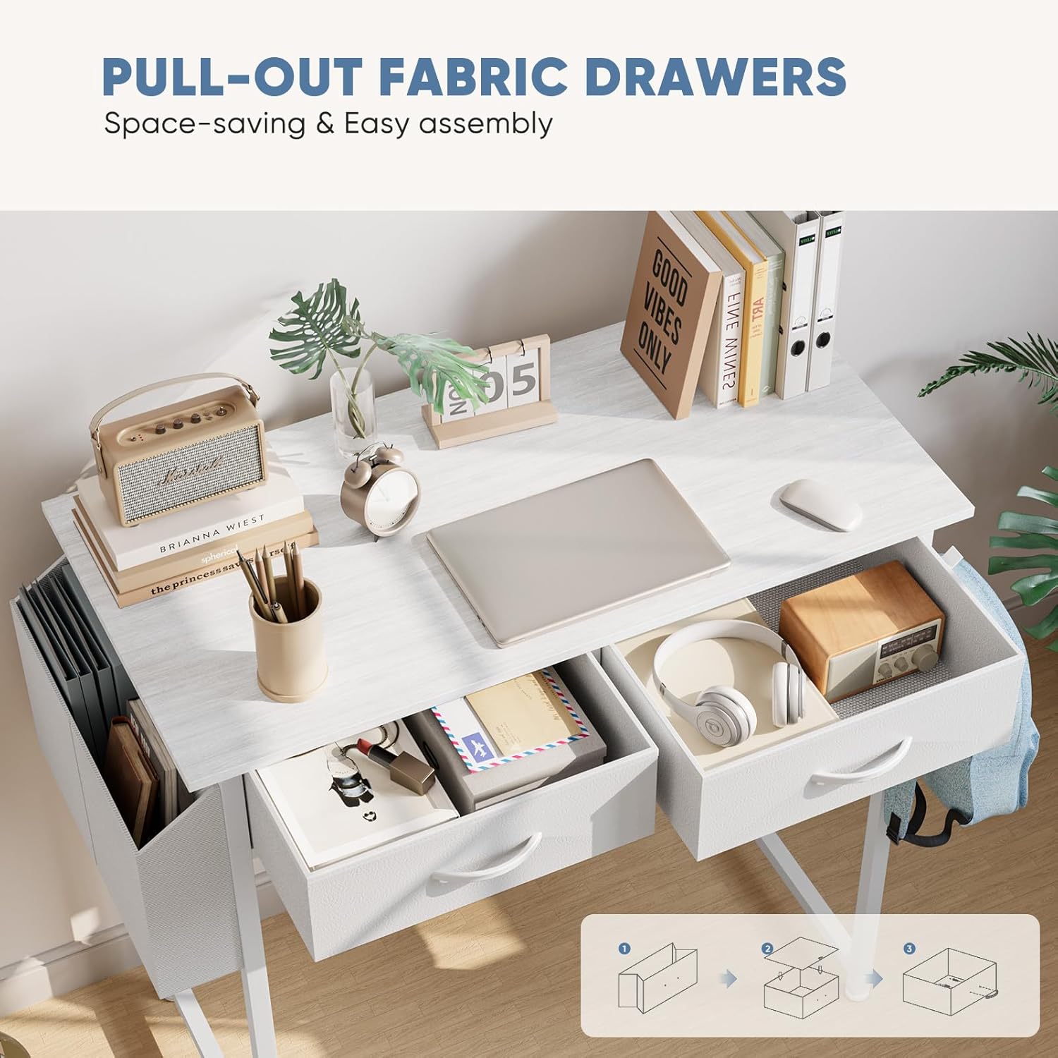 32" Small Gaming Desk with Drawers, Home Office Computer Writing Study Table with Storage Side Bag, Headphone Hook, and Adjustable Feet for Bedroom, White