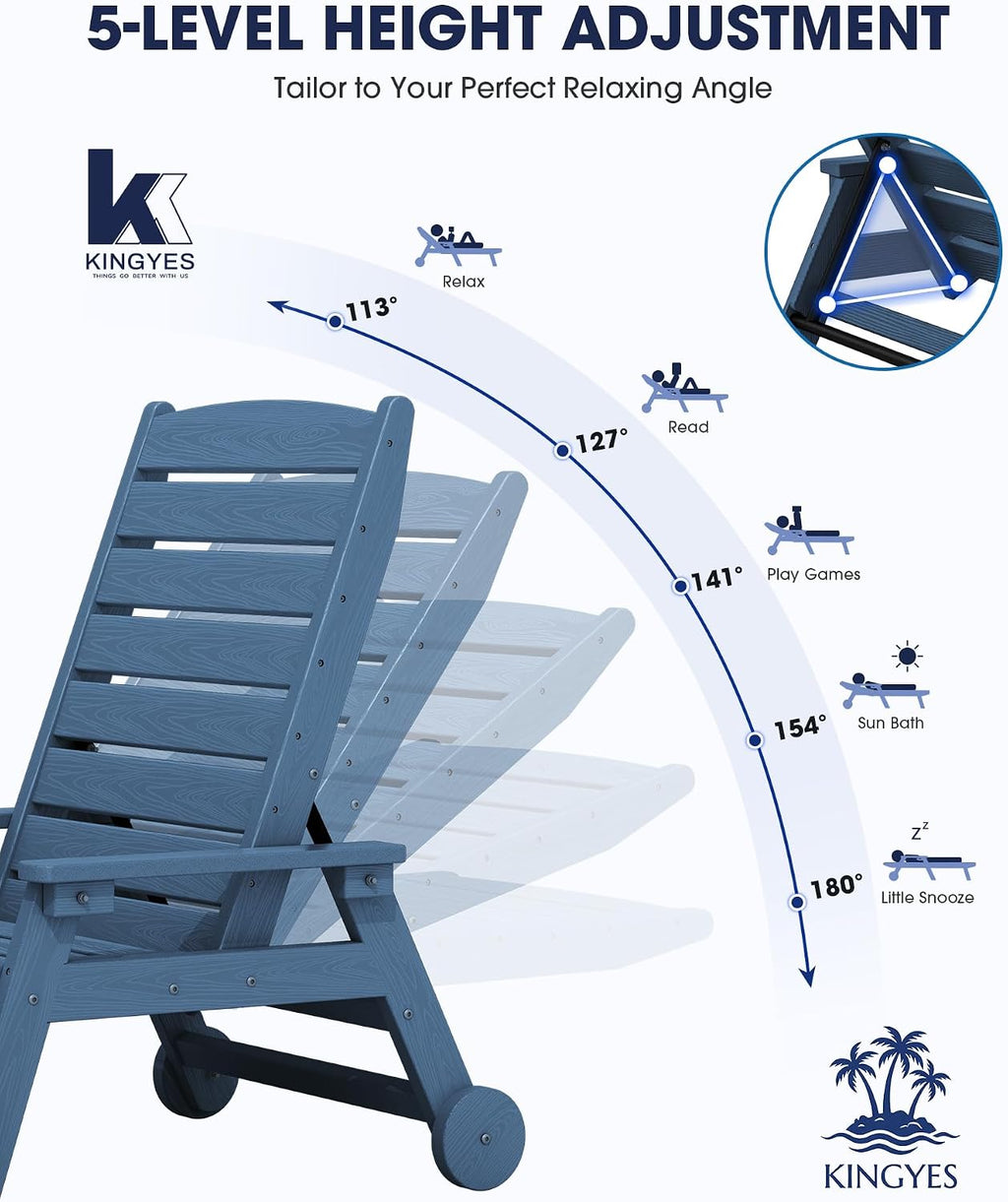 KINGYES HDPE Lounge Chair Outdoor Set of 2, Patio Chaise Lounge Recliner with Cup Holder All Weather Pool Lounger for Outside, Blue