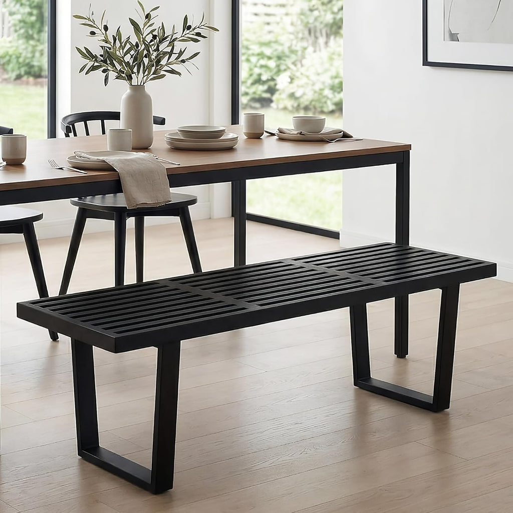 HNY Modern Entryway Bench Black Wood Minimalist Nelson Bench with Metal Legs for Bedroom Dining Room Hallway Foyer Living Room