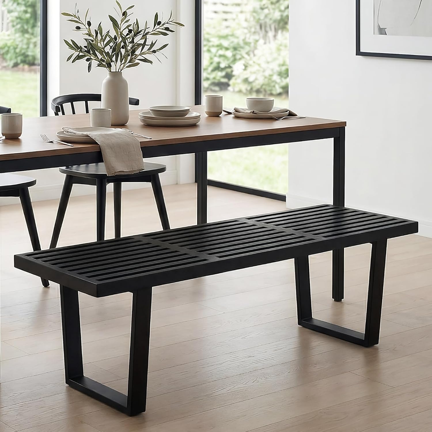 HNY Modern Entryway Bench Black Wood Minimalist Nelson Bench with Metal Legs for Bedroom Dining Room Hallway Foyer Living Room