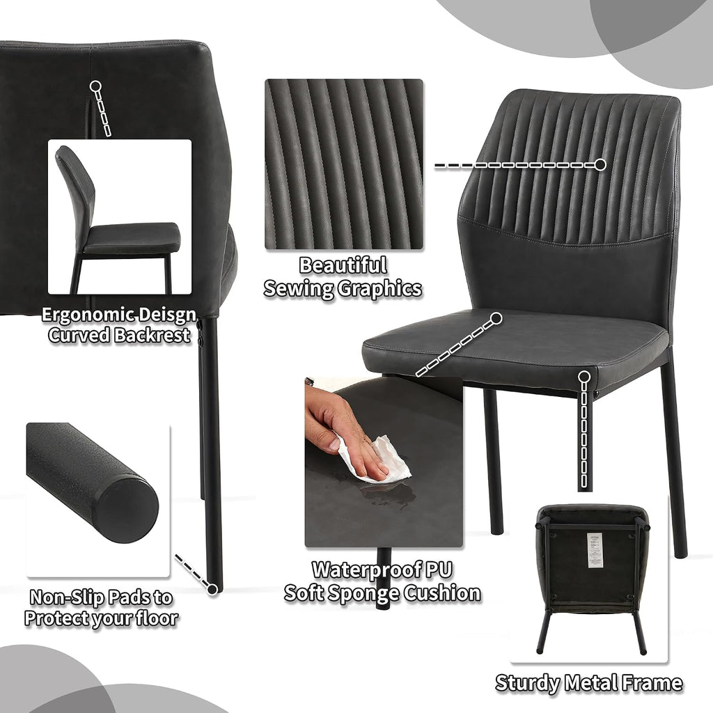 Modern Dining Chairs Set of 4, PU Leather Comfortable Upholstered Dining Room Kitchen Side Chair with Black Metal Legs for Living Room Restaurant, Waterproof, Space-Saving (Grey)