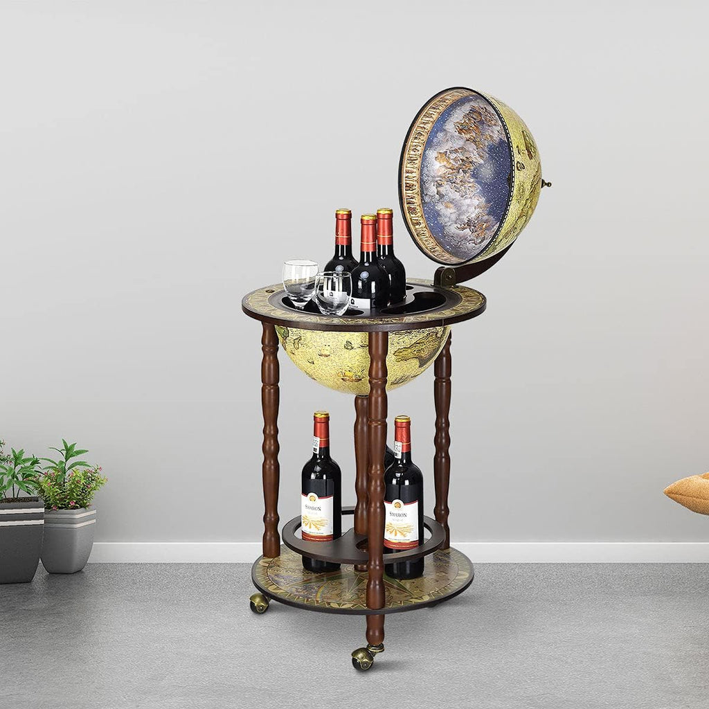 TANGZON 330MM/360MM Globe Drinks Cabinet, Movable Whisky Wine Spirits Cabinet with Casters, Wine Container Minibar Storage Wooden Cart (Cream)