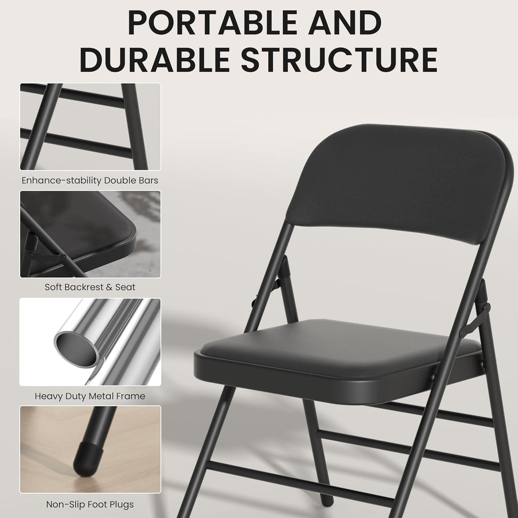4 Pack Black Folding Chairs with Padded Seats, Office Guest Reception Chair, Breathable Foldable Chair for Indoor and Outdoor, Portable Stackable Commercial Seat for Bedroom Patio Party Event