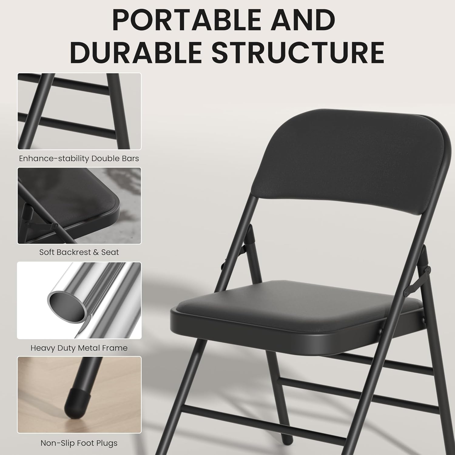 4 Pack Black Folding Chairs with Padded Seats, Office Guest Reception Chair, Breathable Foldable Chair for Indoor and Outdoor, Portable Stackable Commercial Seat for Bedroom Patio Party Event