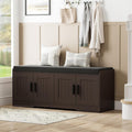Homleke Shoe Storage Bench, 4 Doors & Thickened Padded Seat Cushion | 2-Tier Shoe Bench, Entryway Bench, Adjustable Shelf, 13.8" D x 45.3" W x 18.5" H, for Living Room, Bedroom, Brown
