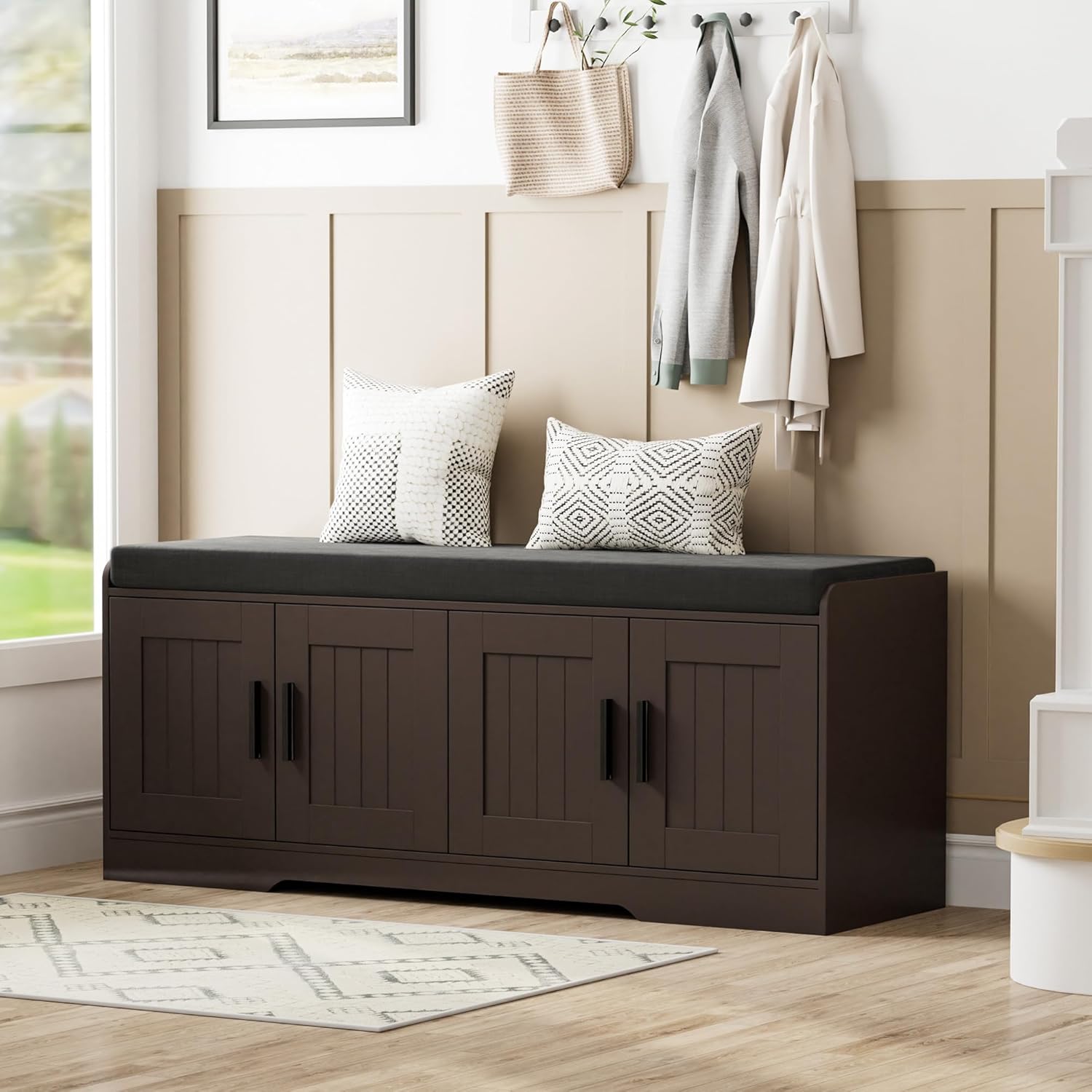 Homleke Shoe Storage Bench, 4 Doors & Thickened Padded Seat Cushion | 2-Tier Shoe Bench, Entryway Bench, Adjustable Shelf, 13.8" D x 45.3" W x 18.5" H, for Living Room, Bedroom, Brown