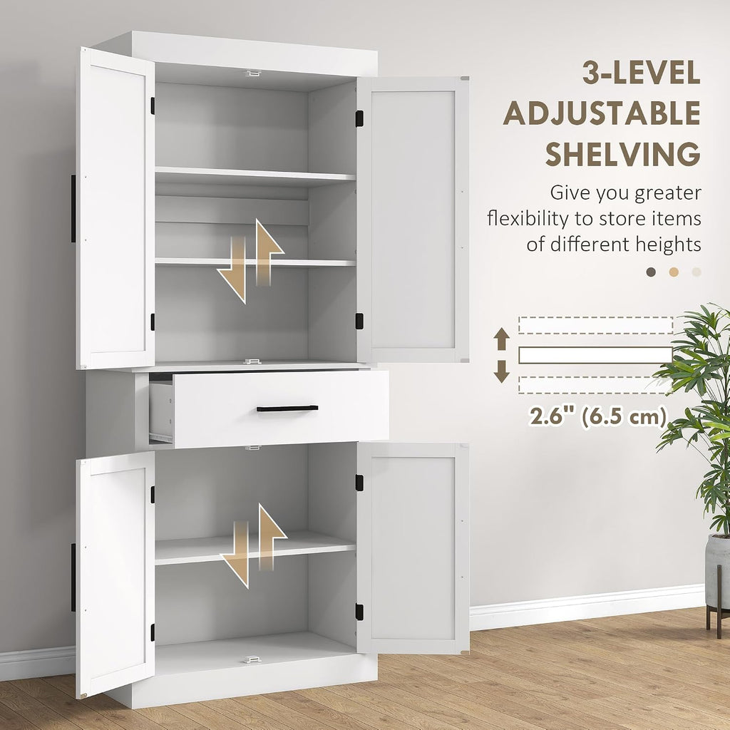 72" Tall Kitchen Pantry Storage Cabinet, Farmhouse Freestanding Kitchen Cabinet with 4 Barn Doors, Drawer, 5-Tier Shelf and Adjustable Shelves, White,15.8 * 30 * 72