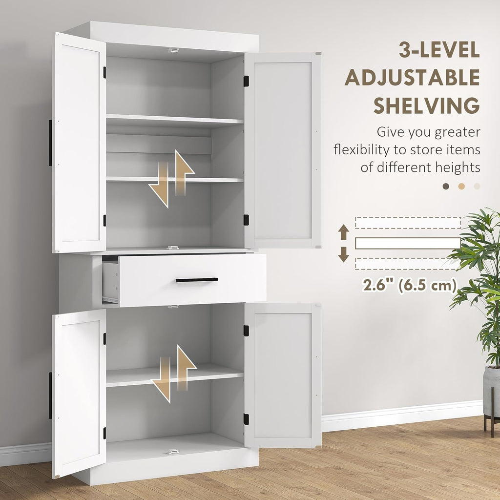 72" Tall Kitchen Pantry Storage Cabinet, Farmhouse Freestanding Sideboard Utility Cupboard Large Hutch Cabinets with 4 Barn Doors, Drawer and Adjustable Shelves, White
