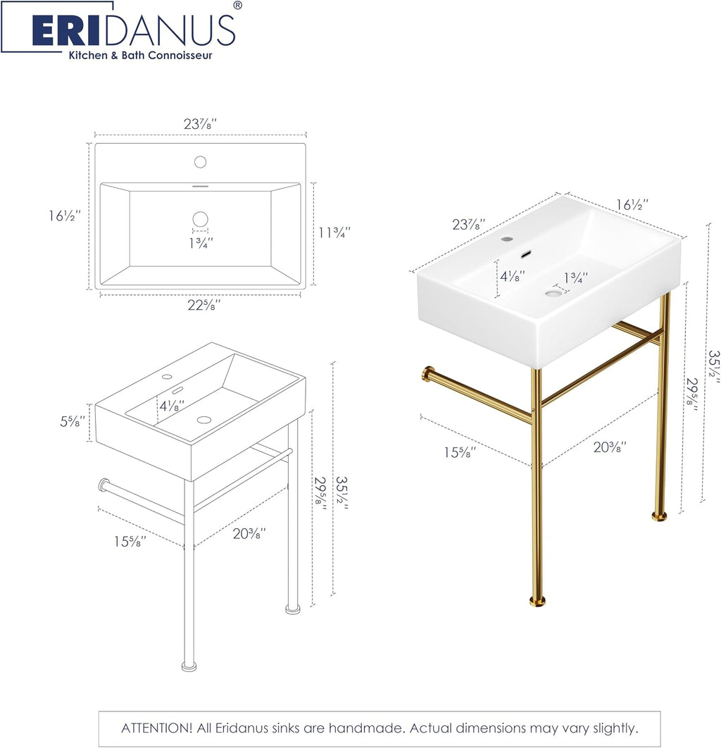 Eridanus 24"x16" Console Bathroom Sink, Free Standing 30 Inch Chrome Steel Support Pedestal Legs, Wall Mount White Vessel Ceramic Vanity Basin Modern Rectangular Sinks Porcelain, Brushed Gold