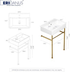 Eridanus 24"x16" Console Bathroom Sink, Free Standing 30 Inch Chrome Steel Support Pedestal Legs, Wall Mount White Vessel Ceramic Vanity Basin Modern Rectangular Sinks Porcelain, Brushed Gold