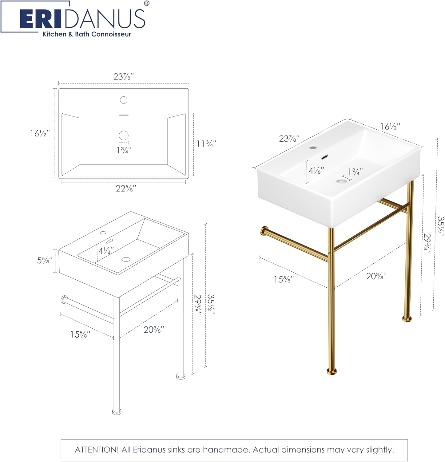 Eridanus 24"x16" Console Bathroom Sink, Free Standing 30 Inch Chrome Steel Support Pedestal Legs, Wall Mount White Vessel Ceramic Vanity Basin Modern Rectangular Sinks Porcelain, Brushed Gold