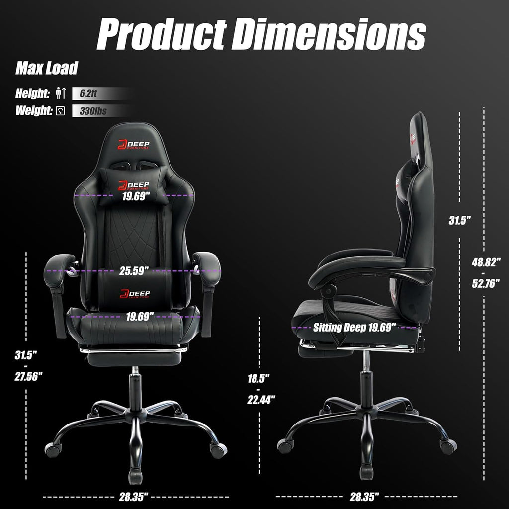 Gaming Chair with Footrest, Ergonomic Game Chair with Lumbar Support and Linkage Armrest, Reclining Computer Chair Height Adjustable for Home Office Father's Day(1001-Black)
