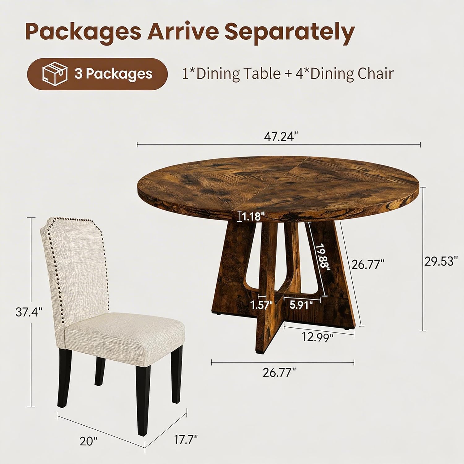 GAOMON 5-Piece 47.24" Round Dining Table Set with 4 Upholstered Dining Chairs, Space-Saving Kitchen Table for 4-6, Compact Dinette Set for Apartment, Living Room, Small Space, Dining Room