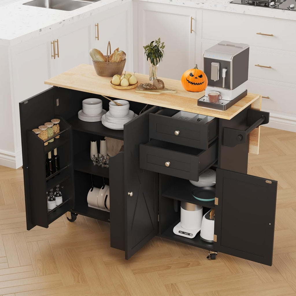 HOMREST 50.4" Kitchen Island with Drop Leaf & Power Outlet, Farmhouse Rolling Island Cart with 3 Spices Shelves on Wheels, Mobil Kitchen Island Table with Rubberwood Countertop Towel Rack, Black