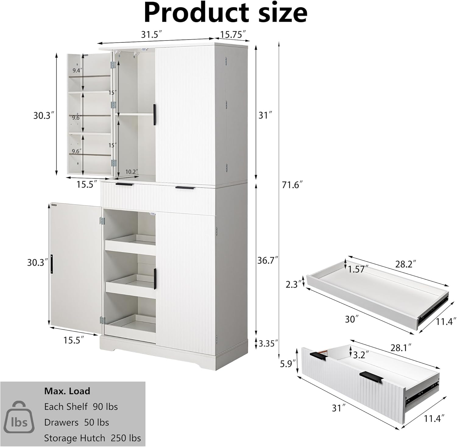 72" Fluted Kitchen Pantry Cabinet with 3 Pull Out Cabinet Organizers, 6 Door Shelves & 1 Drawer, Large Farmhouse Freestanding Cupboard for Kitchen, Dining Room, Living Room (White)