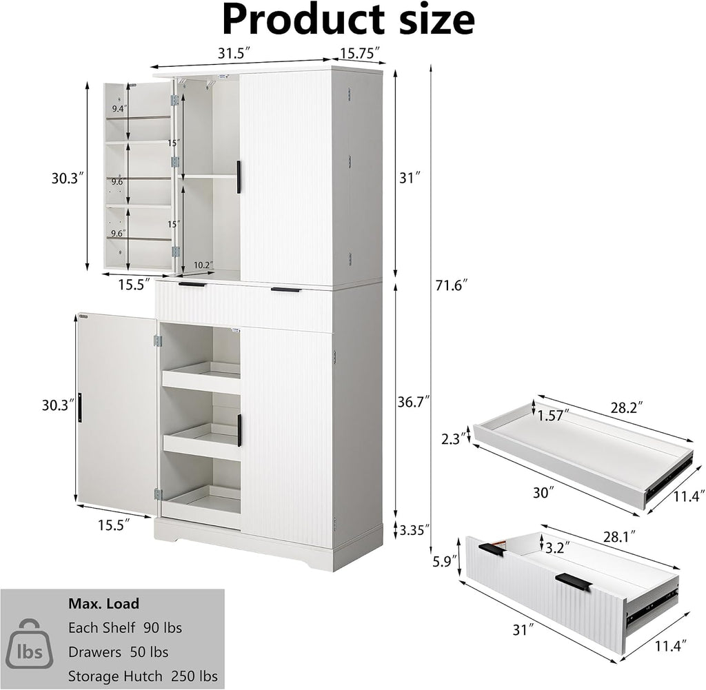 72" Tall Kitchen Pantry Cabinet with Fluted Doors, Freestanding Cupboard with 3 Keyboard Drawers, 6 Door Shelves Adjustable, Modern Storage Cabinet for Dining Room, Living Room, Office, White
