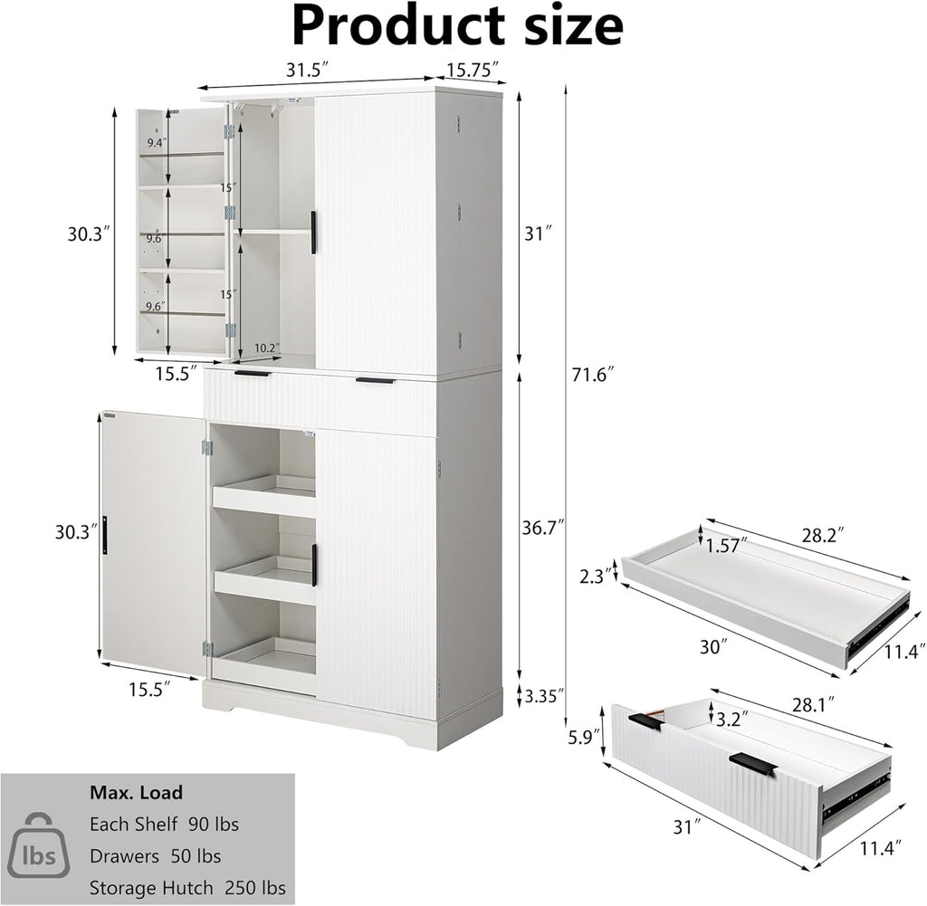 roomfitters 72" Tall Fluted Kitchen Pantry Cabinet with 4 Pull-Out Drawers & 6 Door Spice Racks, White