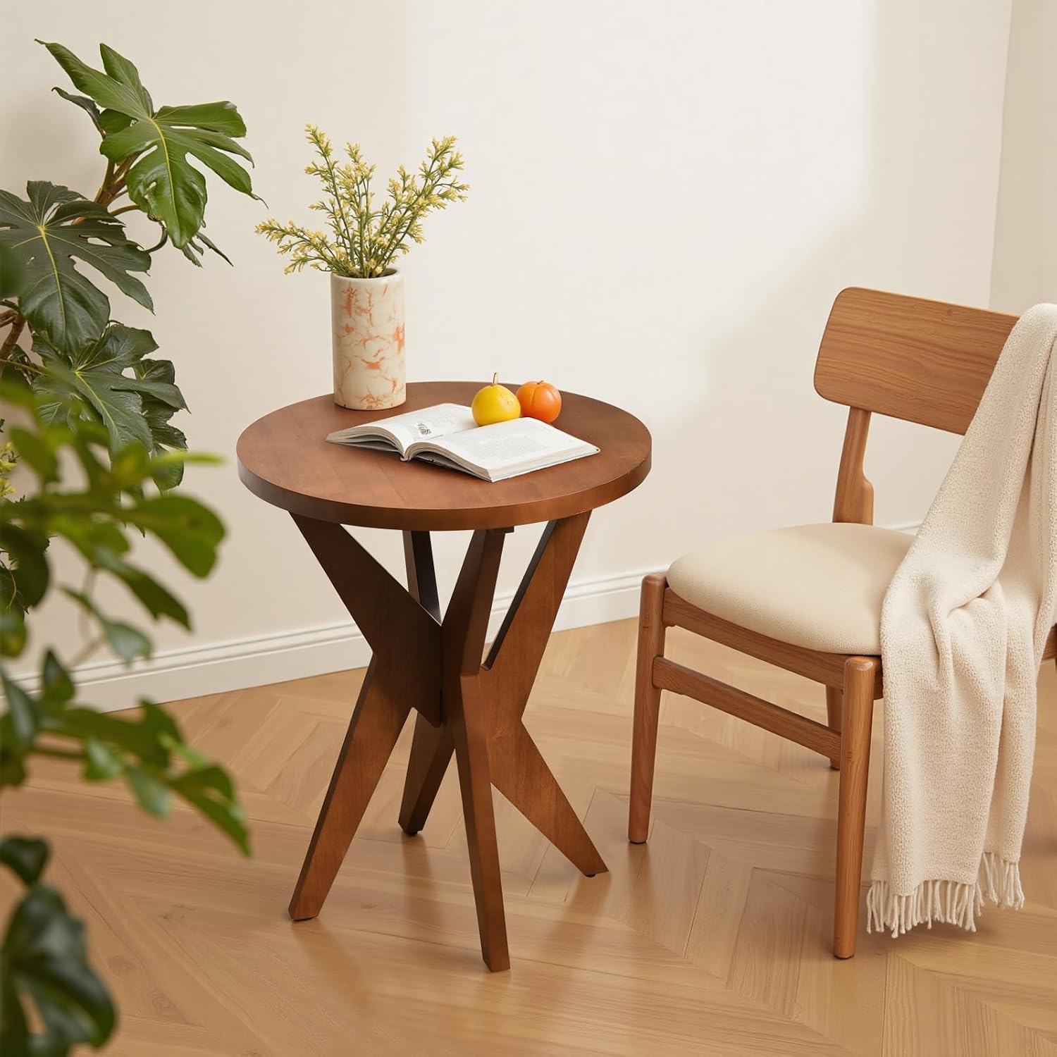 Ahokua Mid-Century Modern Round End Table, Walnut Brown Farmhouse Side Table with MDF Top and Crossed Legs for Living Room Bedroom, or Small Spaces