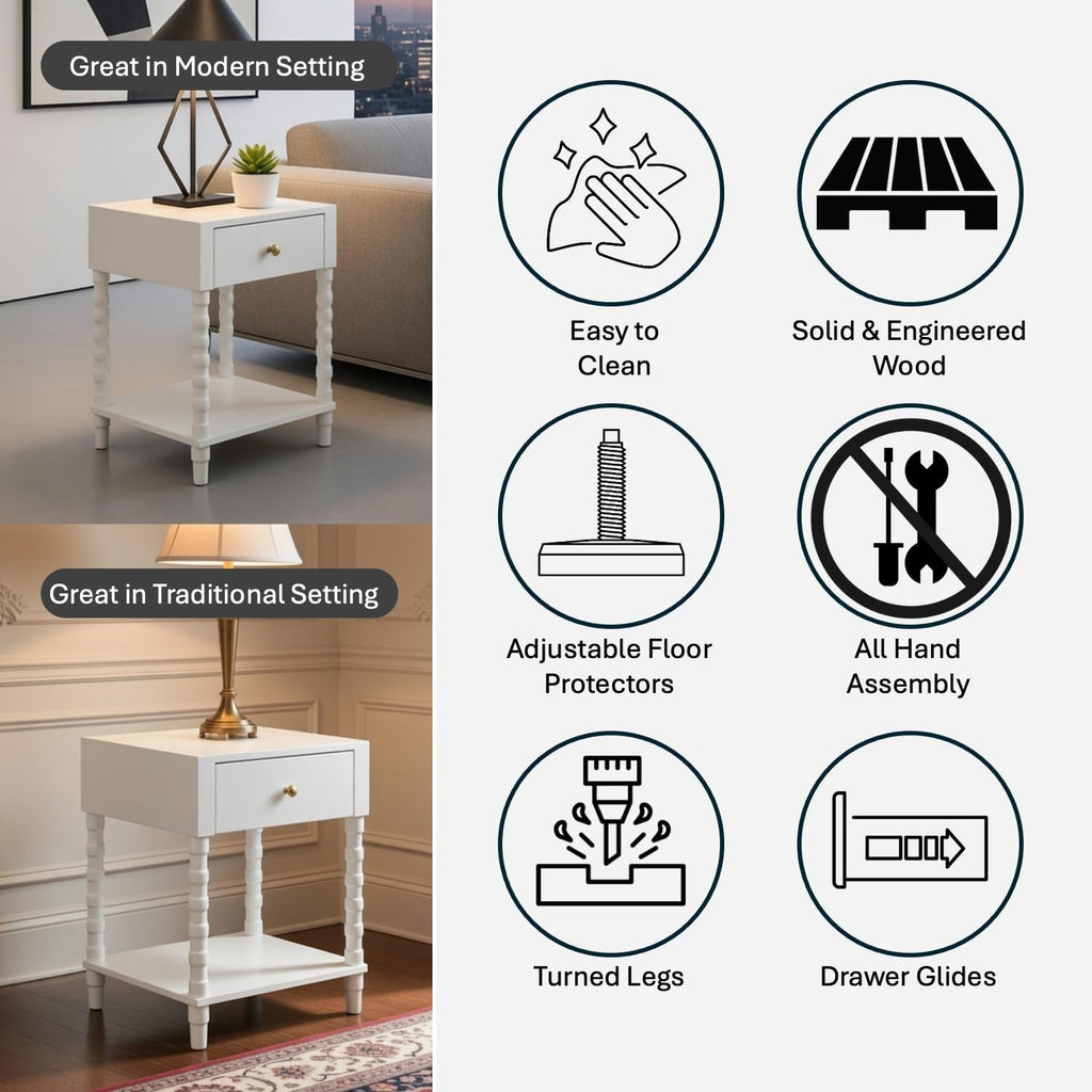 Decor Therapy Sterling Modern Side Table with Storage Drawer, Lower Shelf, Contemporary Legs End Table for Living Room, White