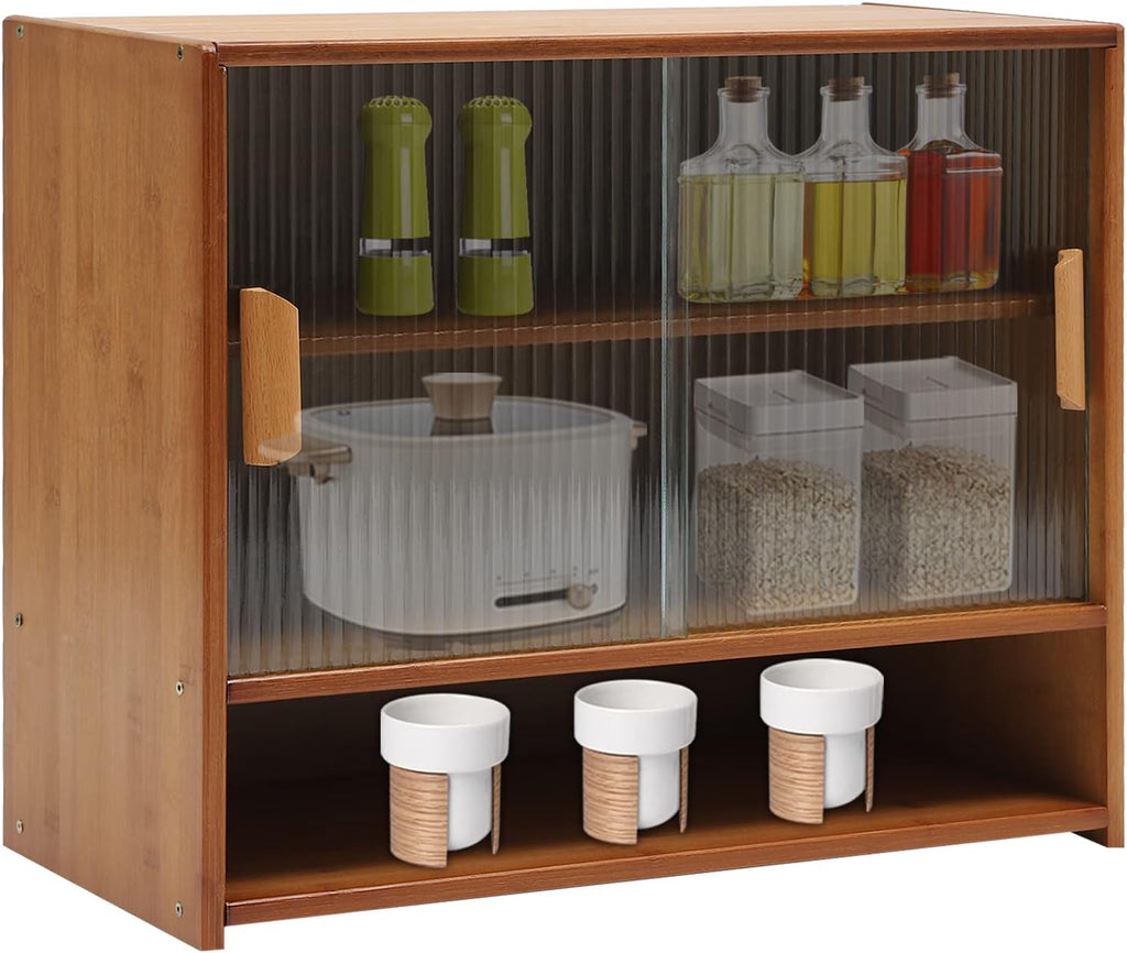 Small Bamboo Kitchen Pantry Sideboard, 3Tiers Freestanding Countertop Storage Cabinet with 2 Acrylic Doors Black Storage Shelf, Sliding Pantry Cabinet for Home Bar, Coffee Bar (Tea-Colored)